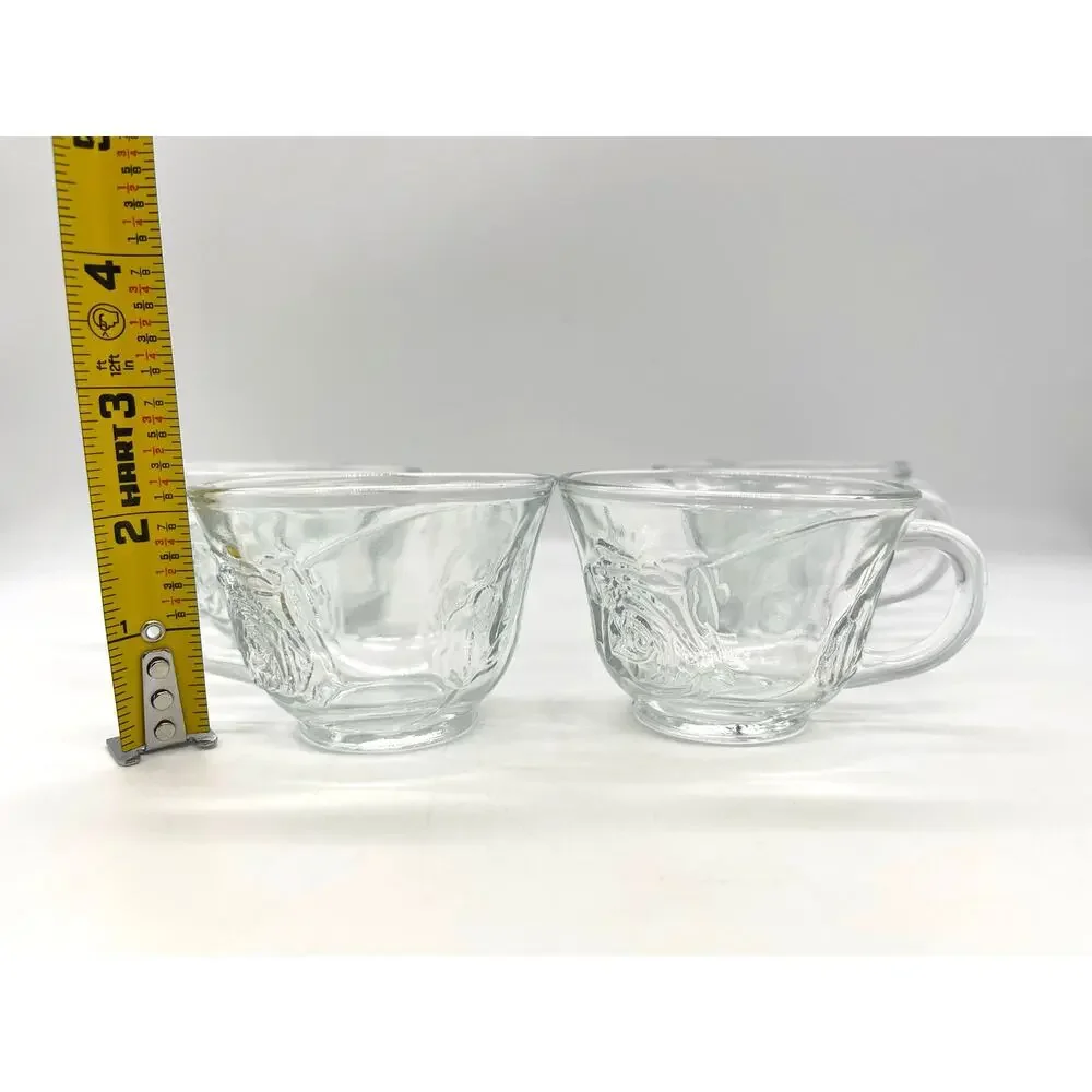 Vintage Set of 6 Clear Glass Tea Cups with Embossed Rose Embellishments